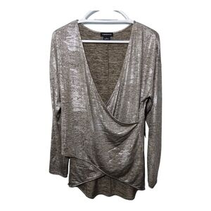 Trouve Gold Silver Metallic Surplice V neck Faux Wrap‎ Top Blouse Size M